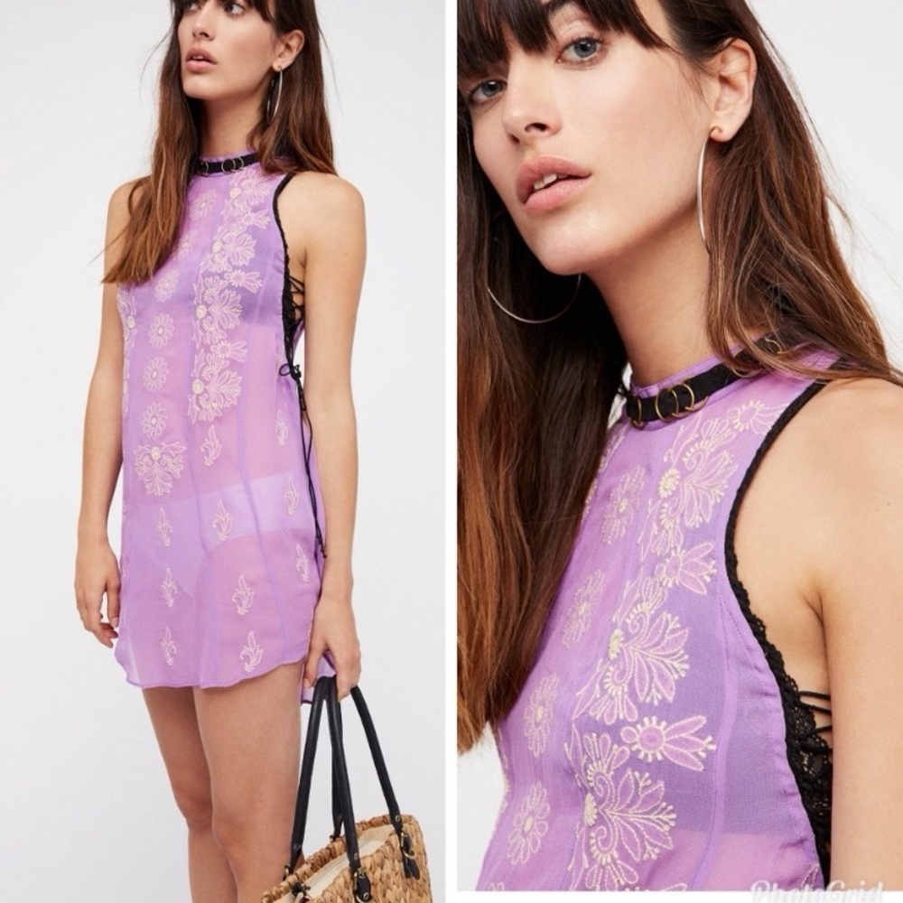 NWT FREE PEOPLE Sunset Kisses Embroidered Lilac Sheer Tunic Top Dress Size Med